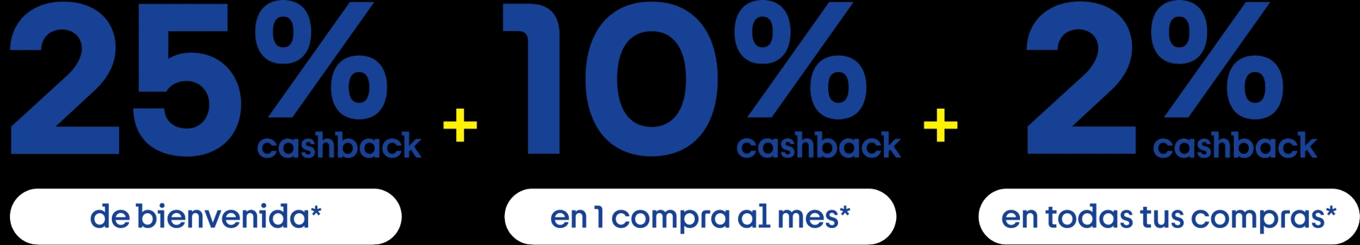 25% cashback de bienvenida, 10% en 1 compra al mes, 2% en todas tus compras